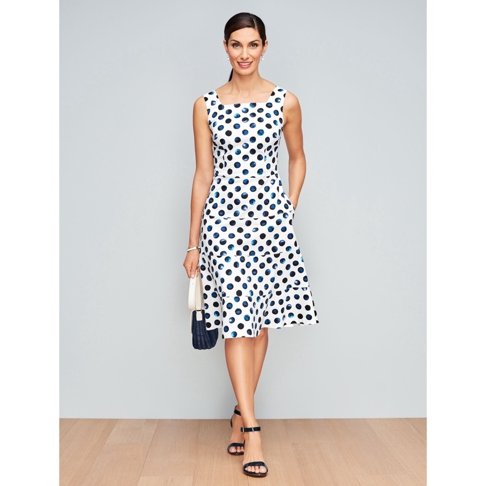 Talbots Womens Polka Dot Cotton Blend Fit Flare Midi Dress White Navy 4 Classic